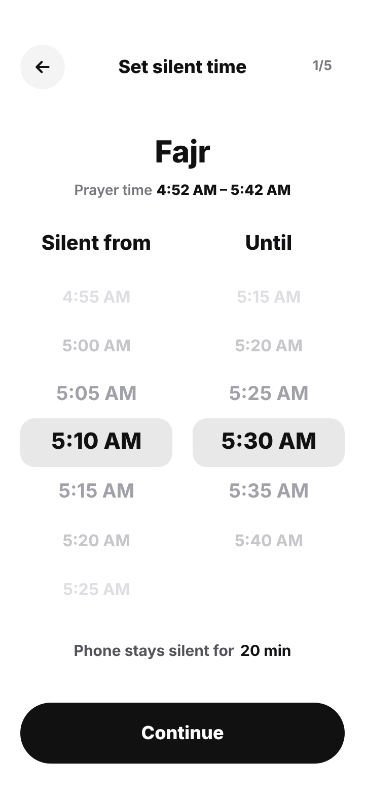 Namaz Mode setup: pick when Fajr silence starts and ends