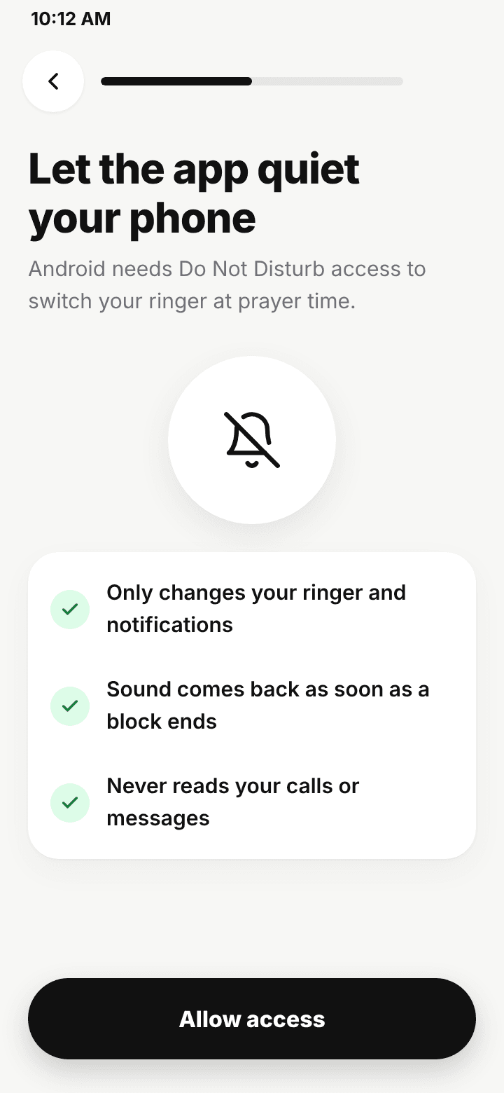 Namaz Mode permission screen explaining why Do Not Disturb access is needed