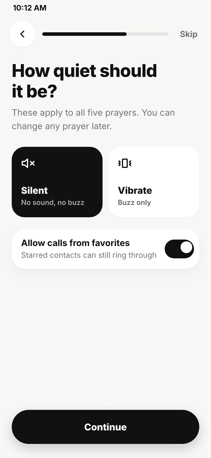 Namaz Mode setup: choose silent or vibrate and allow calls from favourites