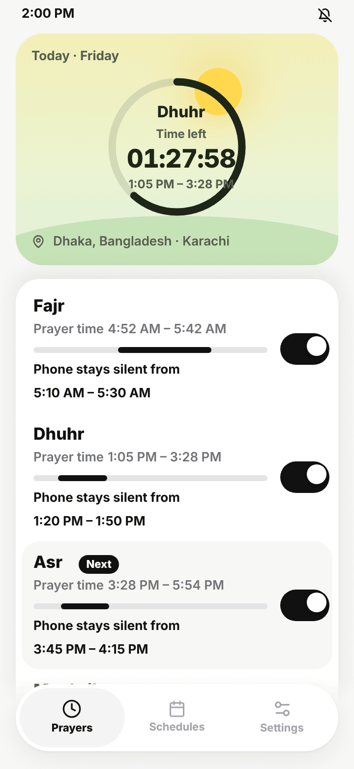 Namaz Mode prayers screen: a countdown to Dhuhr and each prayer with its own silent window