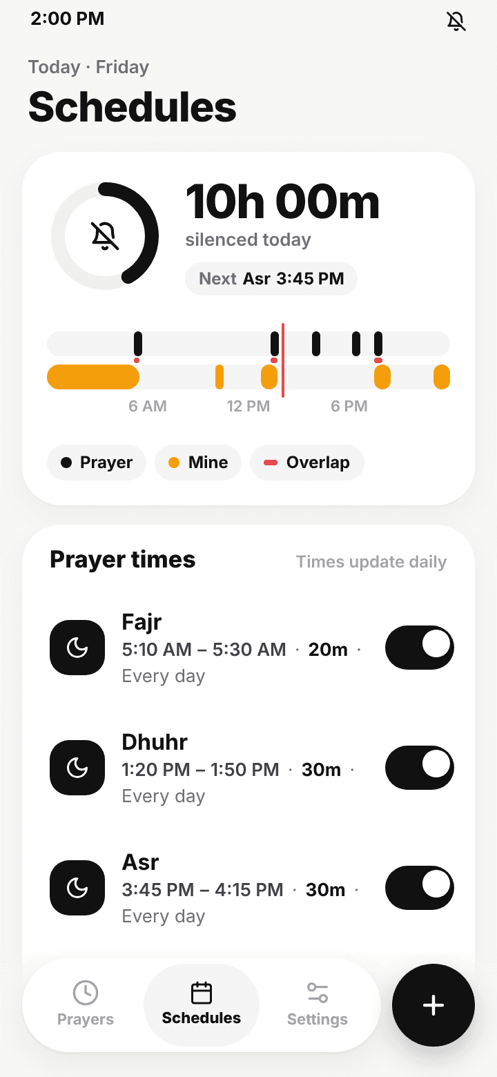 Namaz Mode schedules tab: today's silenced time, a day strip and custom blocks like Jummah khutbah